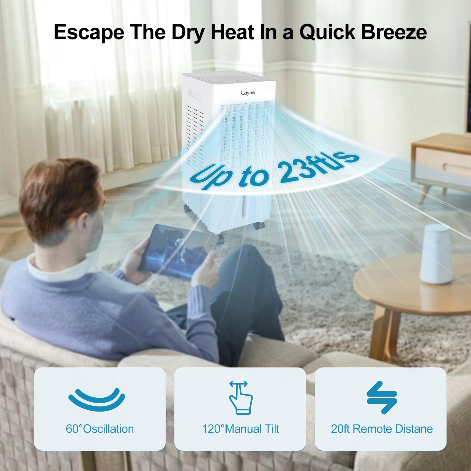 CAYNEL Portable Air Conditioners w/Remote, 4 Modes & 3 Speeds,Waterless Alert System & 1.45-Gal Tank for 20H Cooling, 7.5H Timer for Auto Off,3-IN-1 Evaporative Air Cooler for Room Bedroom Office