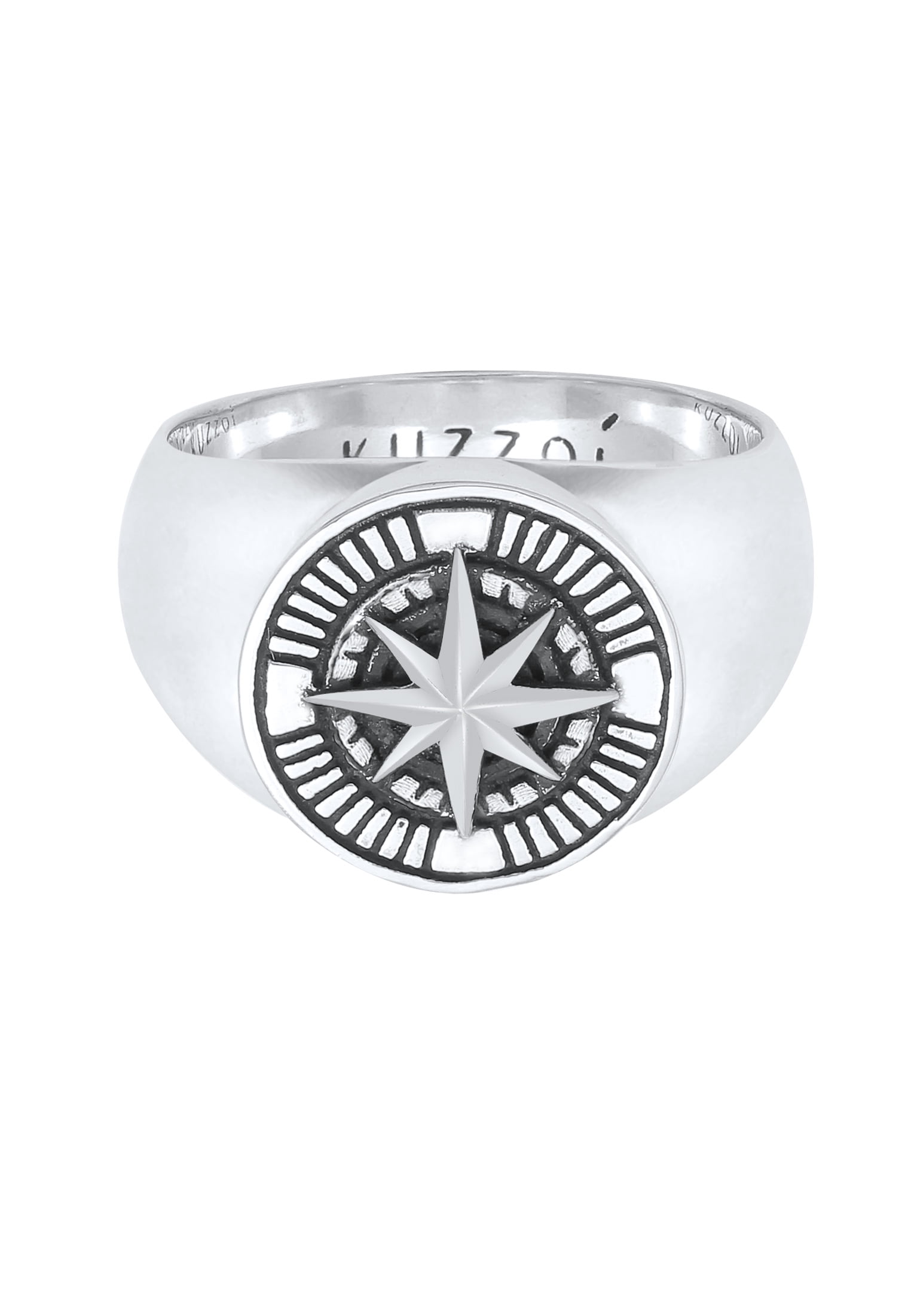 KUZZOI Men's Signet Ring Compass 925 Silver 14K Gold Plated Size 9-11