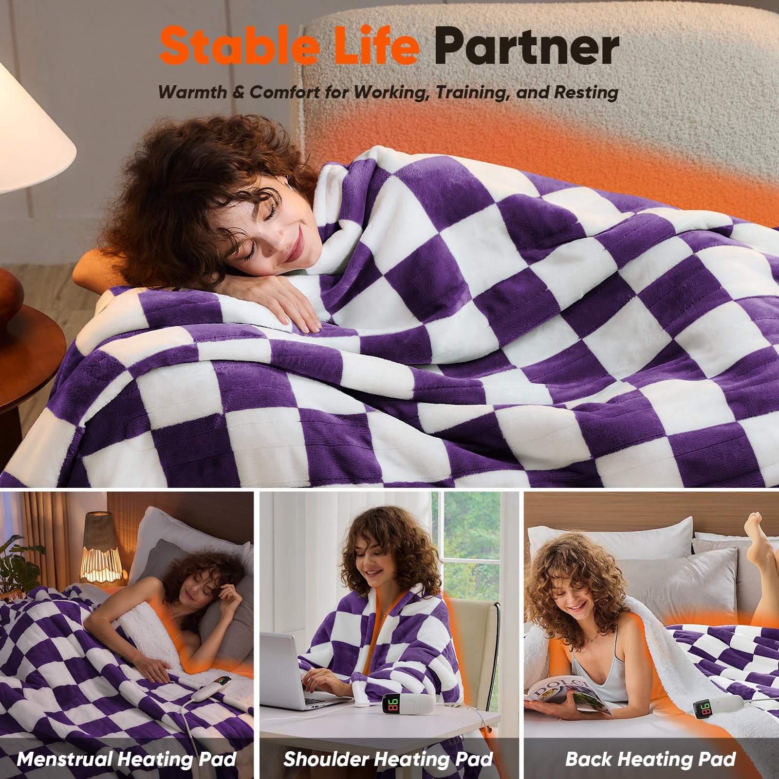 Heated Electric Blanket Throw  50x60 Heating With 10 Heat Level & 8 Hours Auto Off For Lap Deep Purple Checkered Plaid Soft Sherpa Blankets Mothers Day Gifts Mom Grandma Women Couch