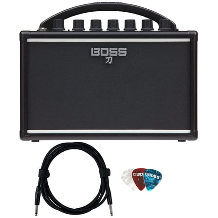 Boss Katana Mini Guitar Combo Amplifier Bundle with Gearlux Instrument Cable and 3-Pack Picks