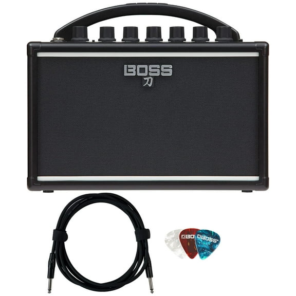 Boss Katana Mini Guitar Combo Amplifier Bundle with Gearlux Instrument Cable and 3-Pack Picks