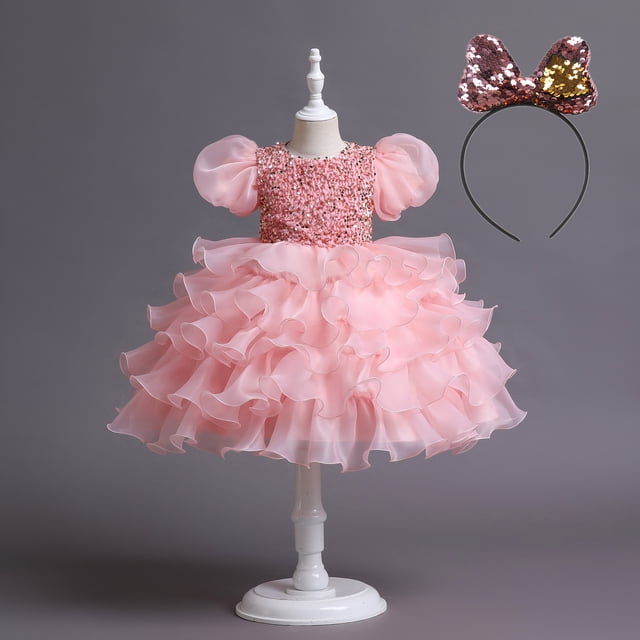 Vestido de princesa con mangas abullonadas y lentejuelas para niños, vestido de boda, pasarela, disfraz de presentadora