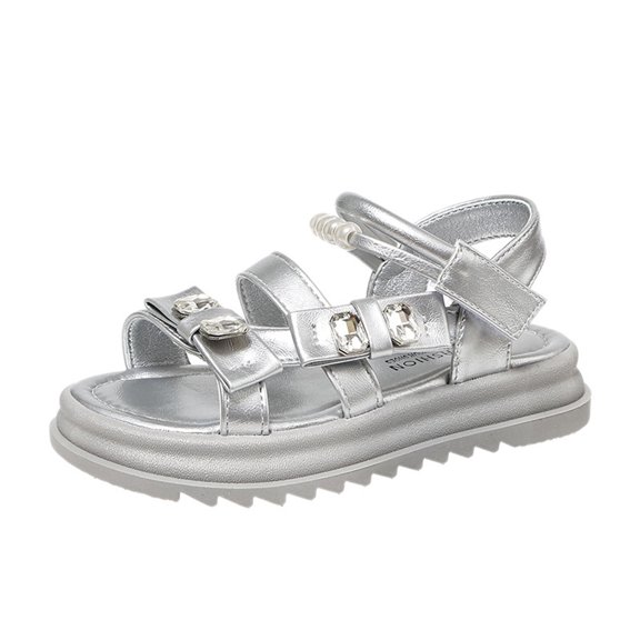 LTTVQM Girls Sandals Open Wide Toe Soft Sole Comfortable Pearl and Rhinestone Sandal with Adjustable Ankle Strap Summer Dress Casual Anti-Slip Walking Flat Shoes Silver 9 Toddler