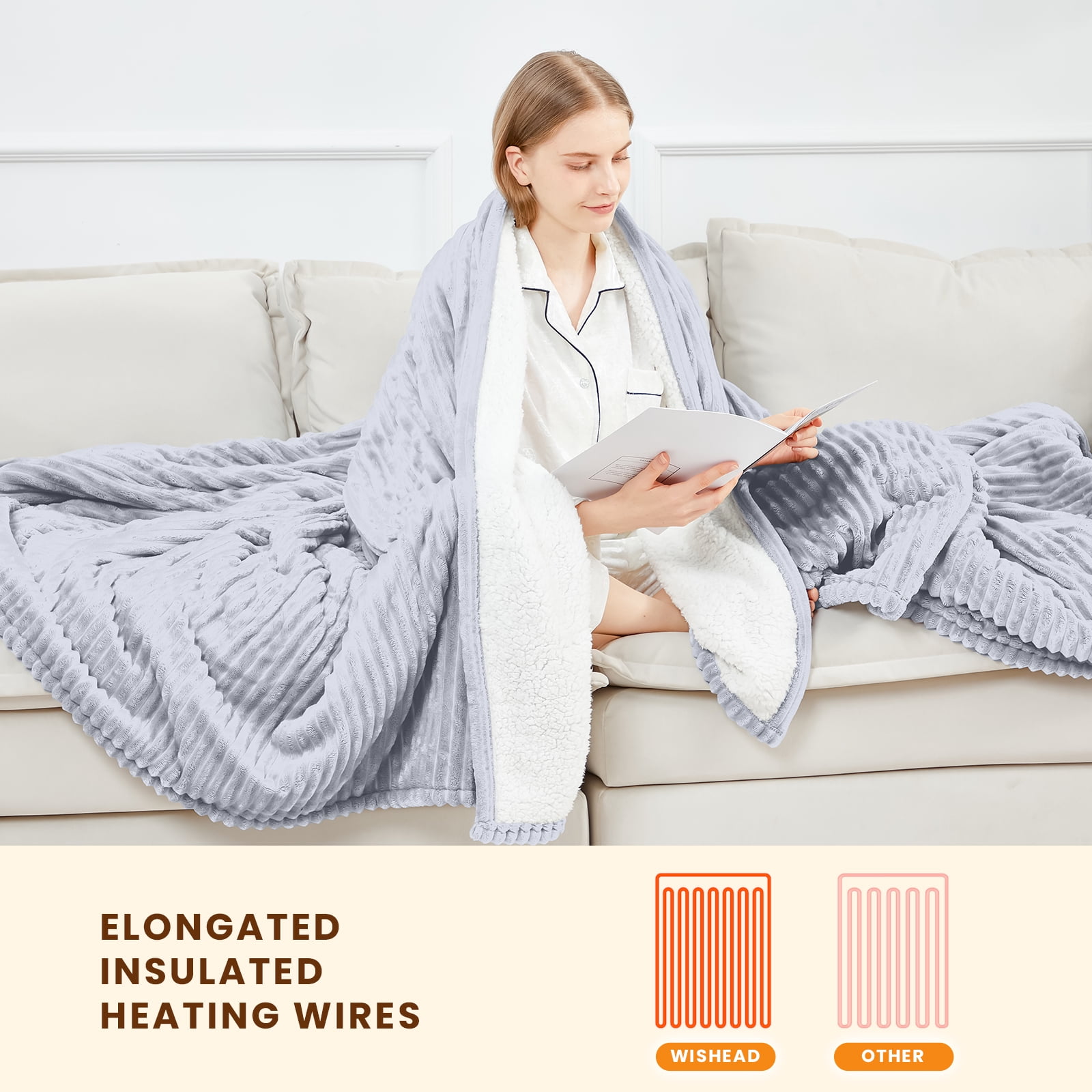 WISHEAD Electric Heated Throw Blanket with 5 Heat Levels & Auto Shut-off Flannel & Sherpa for Home Couch, Bed, Office Use, 50"x60", Light Gray