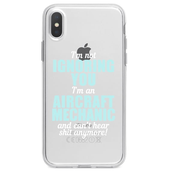 DistinctInk Clear Shockproof Hybrid Case for iPhone X / XS (5.8" Screen) - TPU Bumper Acrylic Back Tempered Glass Screen Protector - I'm Not Ignoring You Aircraft Mechanic Can't Hear