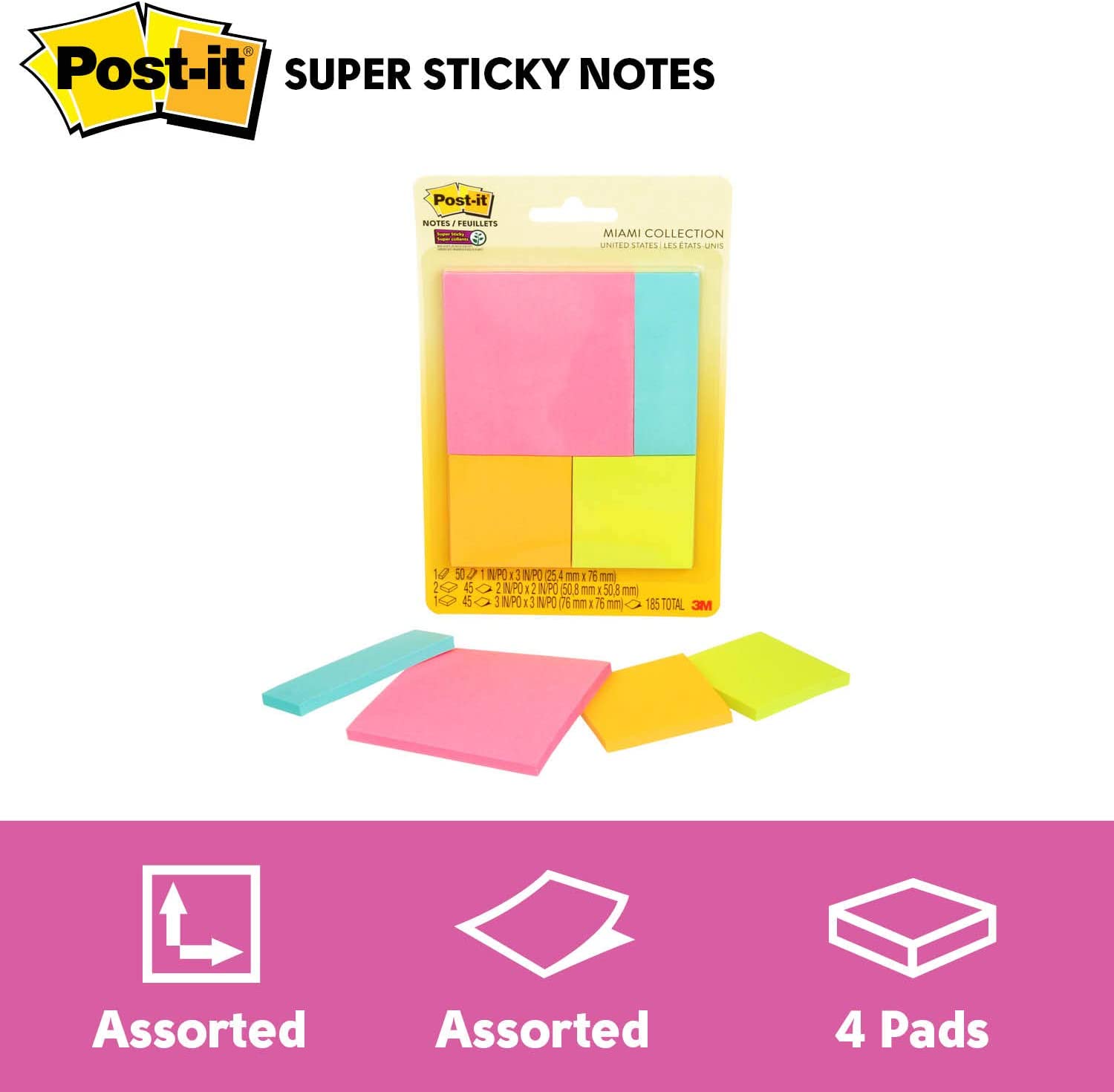 Postit Notes Super Sticky Notes, 2" x 2", 3" x 3", 1" x 3", Multi Pack