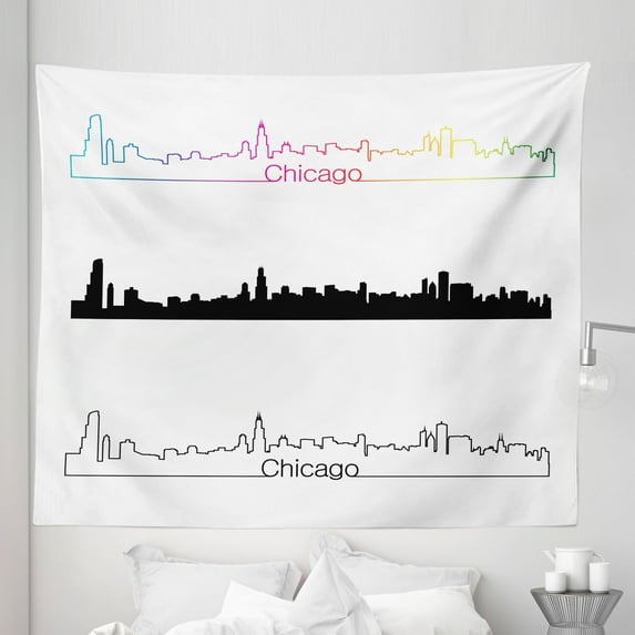 Chicago Skyline Tapestry, Metropolis City Panorama in Linear Rainbow Black Tones Architecture Modern, Fabric Wall Hanging Decor for Bedroom Living Room Dorm, 5 Sizes, Multicolor, by Ambesonne