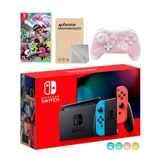 Nintendo Switch Neon Red Blue Joy-Con Console Set, Bundle With Splatoon 2 And Mytrix Wireless Switch Pro Controller and Accessories Nintendo HADSKEAAA