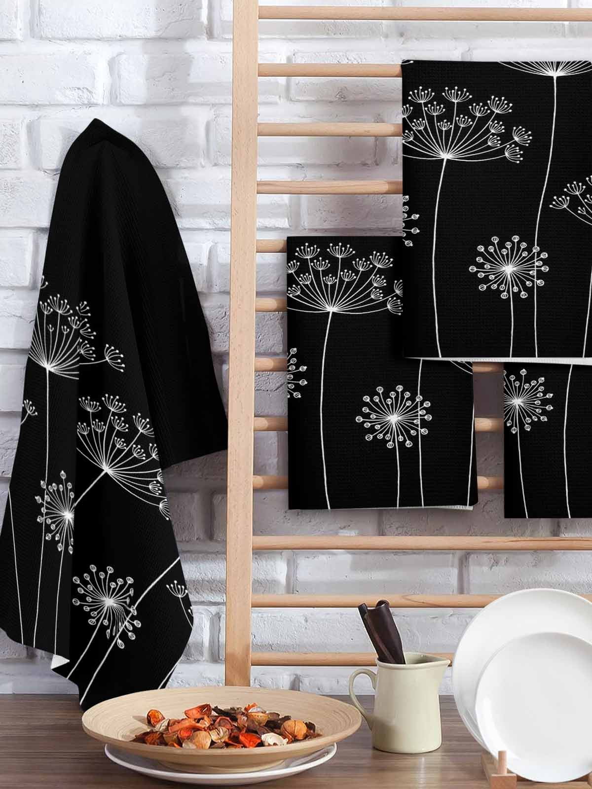 Black Dandelion Kitchen Dish Towels for Drying Dishes Set of 2, Spring Modern Minimalist Country Flower Waffle Weave Microfiber Hand Tea Bathroom Towels Quick Dry & Absorbent Towel 15.7x23.6