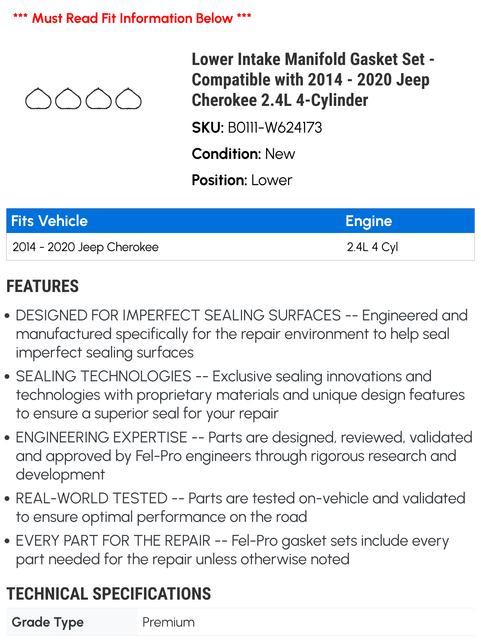 Lower Intake Manifold Gasket Set - Compatible with 2014 - 2020 Jeep Cherokee 2.4L 4-Cylinder 2015 2016 2017 2018 2019