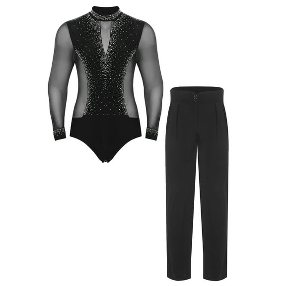 TSSOE Men's Latin Dance Outfits Long Sleeve Mesh Leotard with High Waist Pants Salsa Samba Clothes Black XL