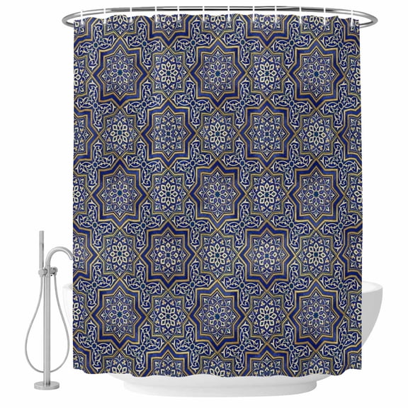Small Stall Shower Curtain 48x72 Inch Narrow Half Size Navy Blue Geometric Bath Curtains Bathroom Decor, Vintage Abstract Floral Texture Waterproof Fabric Shower Curtain Set with Hooks 48 Inch