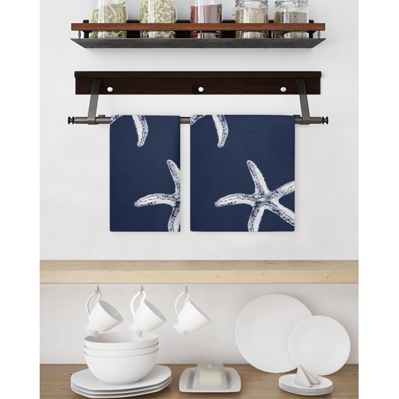 Navy Blue Starfish Coastal Kitchen Dish Towels for Drying Dishes Set of 4, Seaside Nautical Summer Ocean Waffle Weave Microfiber Hand Tea Bathroom Towels Quick Dry & Absorbent Towel 15.7x23.6