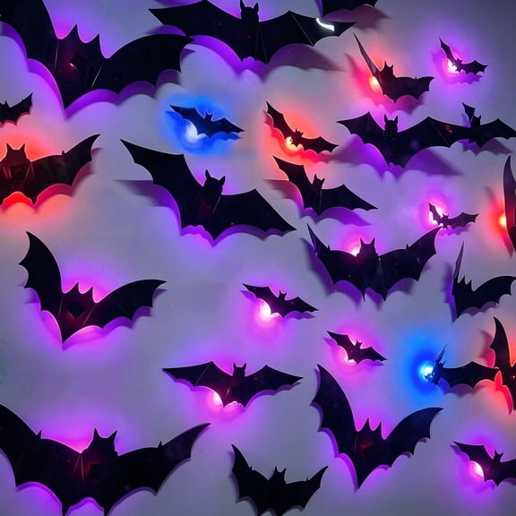 Halloween 3D Lighted Bats, LED Bats Halloween Decor, Light Up Bats for Wall, 3D Bat Wall Decorations with Colorful Flashing Lights, Foldable Bat Decorations for Halloween Party Indoor Decor