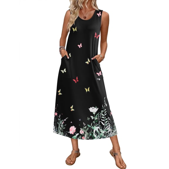 Ekouaer Nightgowns for Women Sleeveless Sleepshirt Long Print House Dress Tank Nightshirt Maxi Casual Dress with Pockets