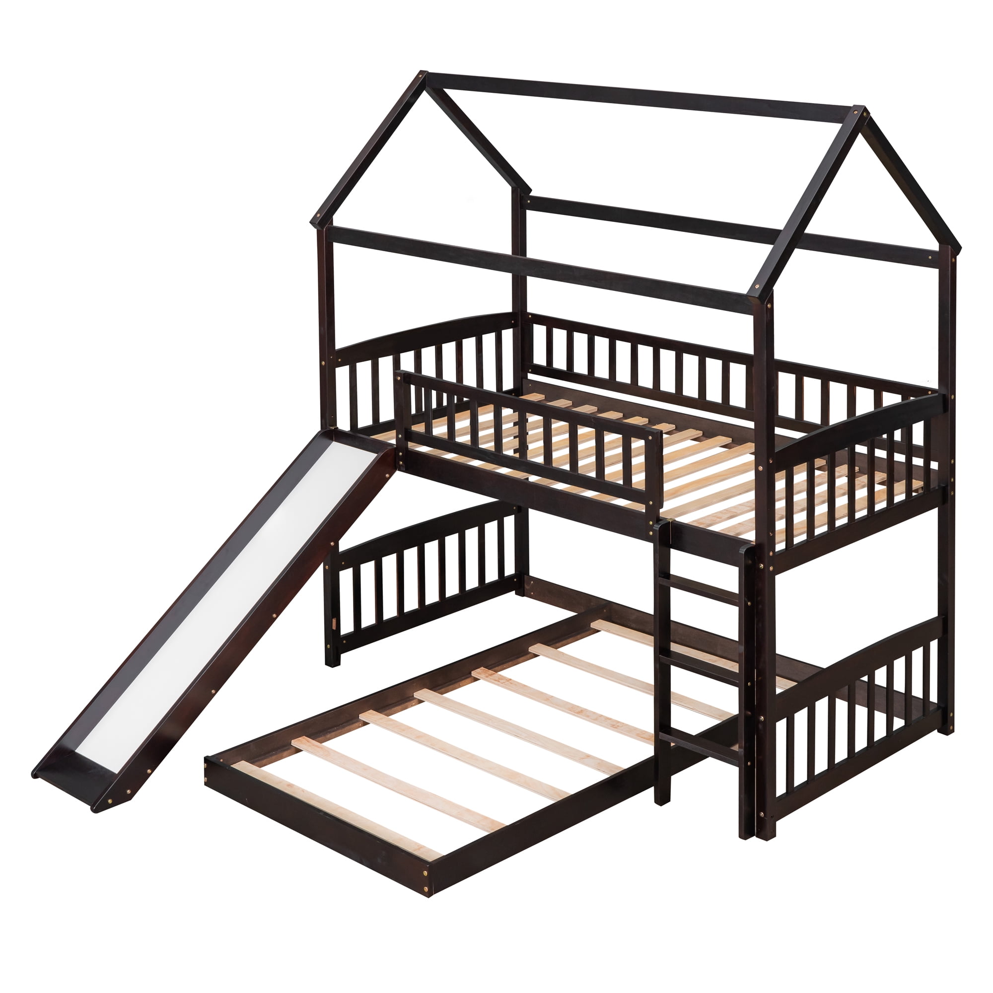 Aukfa Twin over Twin Bunk Bed with Slide, L-Shaped House Bunk Bed for Kids, Boys and Girls, Wooden - Espresso