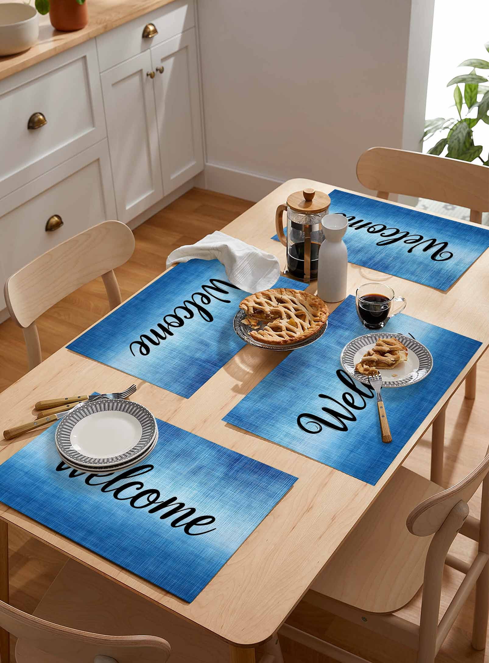 Welcome Quote Dark Blue Gradient Placemats Set of 4,Wipeable Washable Table Mats for Dining Tables,Summer Watercolor Style Place Mats for Kitchen Event Party Tabletop Decor