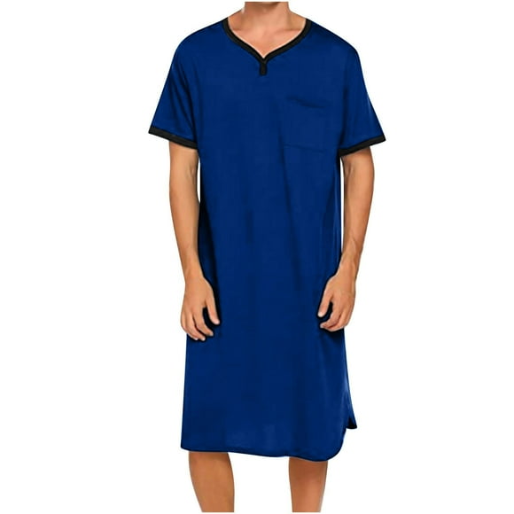 Chemise de Nuit Texturée en Coton pour Hommes Manches Courtes Longue Robe Col en V Blouse Pyjama Ample Coupe Décontractée Confort avec Poches
