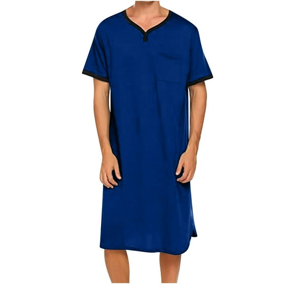 Wyobmus Men's Nightgown Short Sleeve Nightshirt Comfy Loose Fit Lightweight Contrast Trim V Neck Nihgtwear Shirt S-5XL Dark Blue