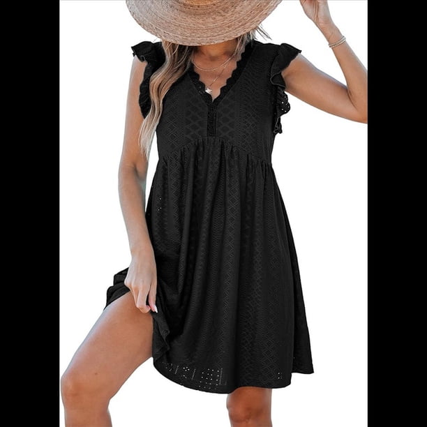 Vestido Tipo Cárdigan de Corta con Cuello en V y Ribete de Encaje, Color Negro, Talla S