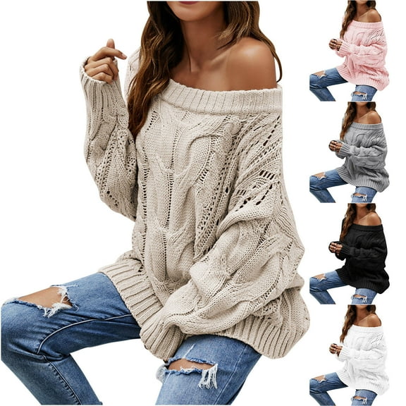 Wiyuqeen Off Shoulder Sweaters for Women Oversized Cable Knit Pullover Long Sleeve Chunky Sweaters Solid Loose Fit Sweater for Fall