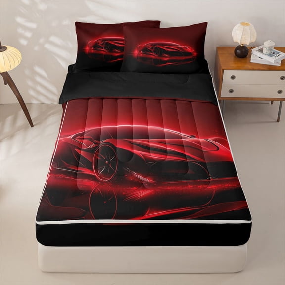 Manfei Sports Car Zipper Twin Comforter Sets with Fitted Sheet and 2 Pillowcases,Red Neon Light Print Zipper Bedding Set,Black Reversible,4pcs