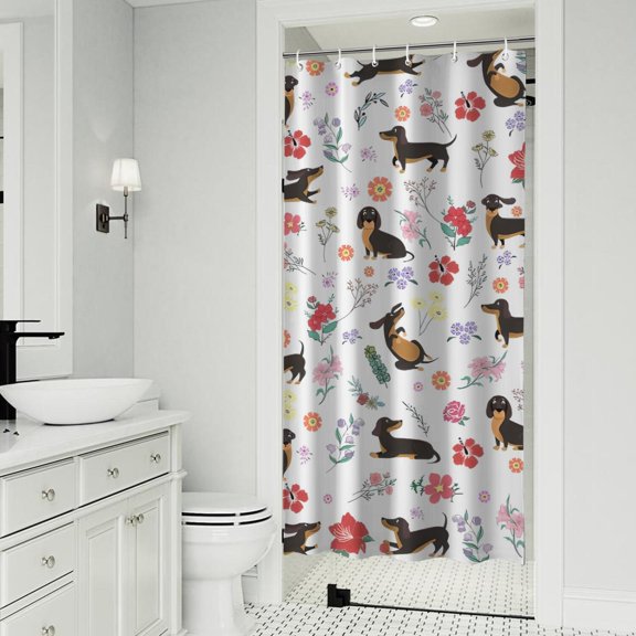 Dachshunds with Flowers Shower Curtain 36"x72" ,Bathroom Decorative Shower Curtains Set with 12 Hooks,Modern Waterproof Washable Shower Curtain
