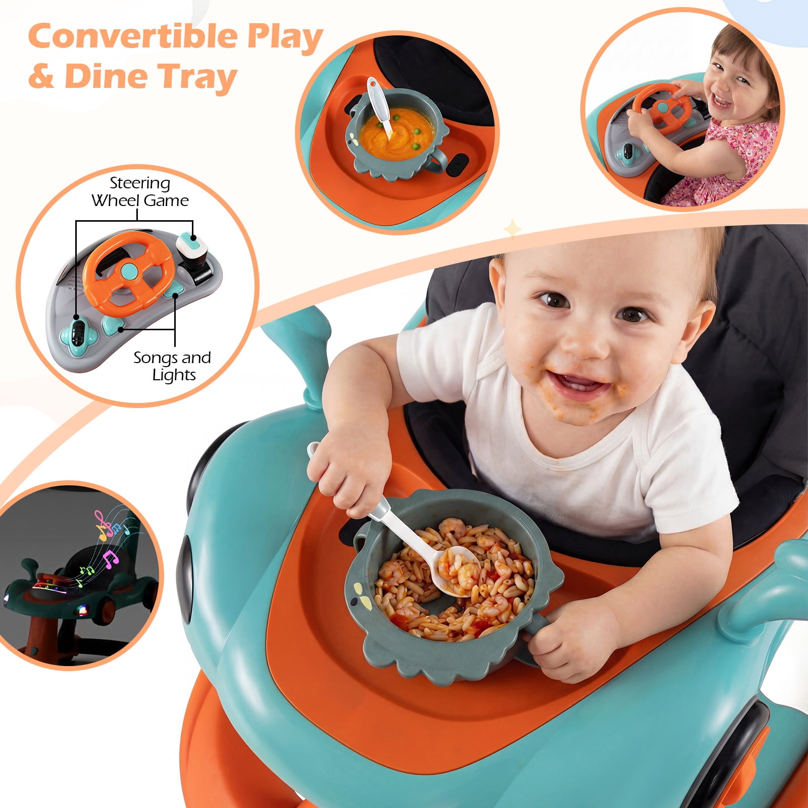 INFANS 6-in-1 Baby Walker, Converts Push Car to Bouncer, Rocker with Music, Lights, Adjustable Height & Speed, Activity Center, Canopy for 7-18 Months
