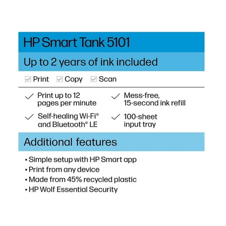 HP - Smart Tank 5101 Wireless All-In-One Supertank Inkjet Printer with up to 2 Years of Ink Included - White