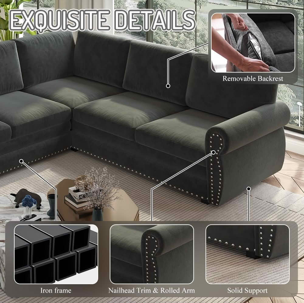 MAYEERTY 118" L‑Shaped Convertible Pull‑Out Sofa Bed, Chenille Sectional Couch with Nailhead Trim & Rolled Arms, Oversized Multifunctional Sleeper Sofa