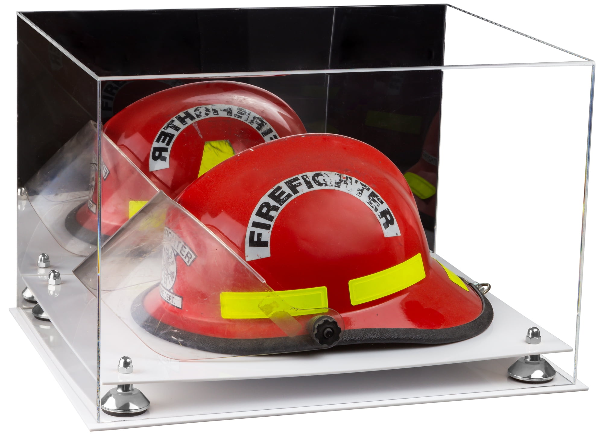 Acrylic Fireman's Helmet Large Display Case with Mirror, Silver Risers