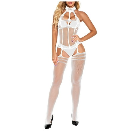 Odeerbi Crotchless Lingerie Set for Women 2025 Sexy Fishnet Seamless Mesh Netting Stockings Chemise Hollow Out Babydoll Bodysuit Sleepwear White