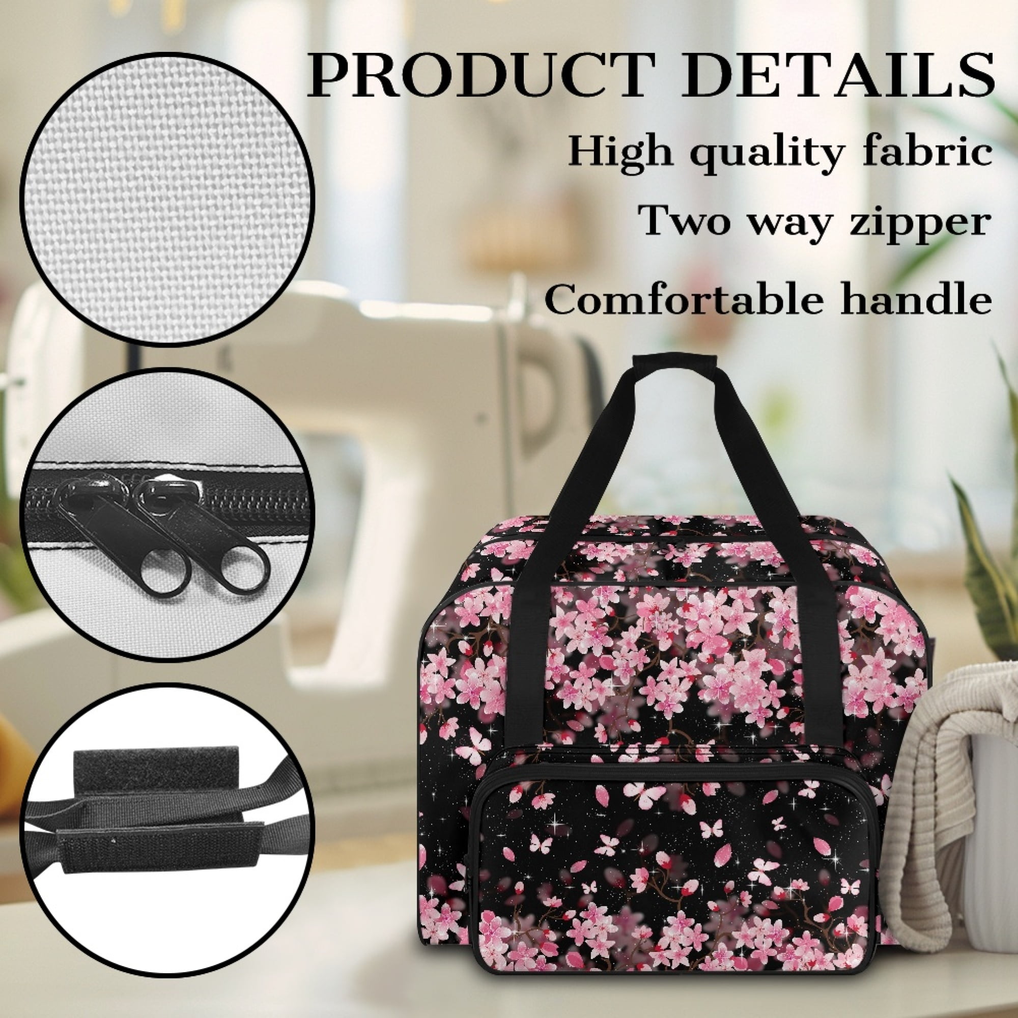 ZIATUBLE Cherry Blossom Sewing Machine Storage Bag Butterfly Sewing Machine Totes and Bags Stain Resistant Sewing Machine Carrying Case Tote Bag Elastic Portable Padded Storage