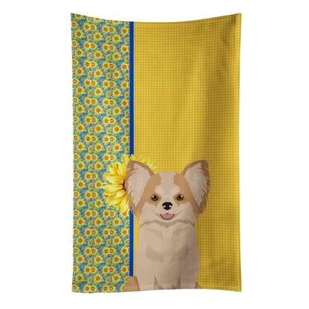 Summer Sunflowers Longhaired Gold and White Chihuahua Kitchen Towel