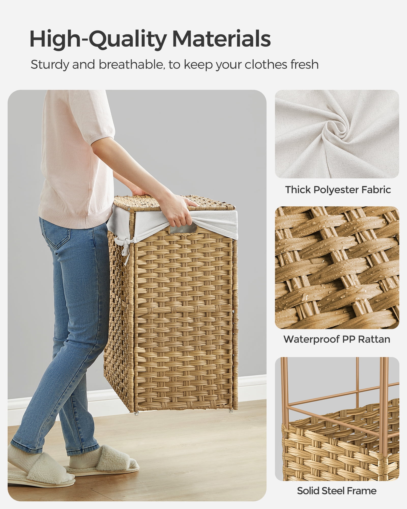 SONGMICS 160L Laundry Hamper with Lid Rolling Laundry Basket with Wheels 3-Section Synthetic Rattan Laundry Hamper Removable Liner for Bedroom Natural