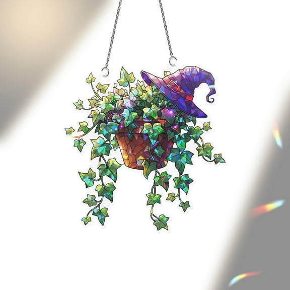 ViciArt Witch Hat Ivy Plant Stained Glass Suncatcher, Hanging Window Ornament, Green Leaf Potted Plant Sun Catcher for Whimsical Cottagecore Décor