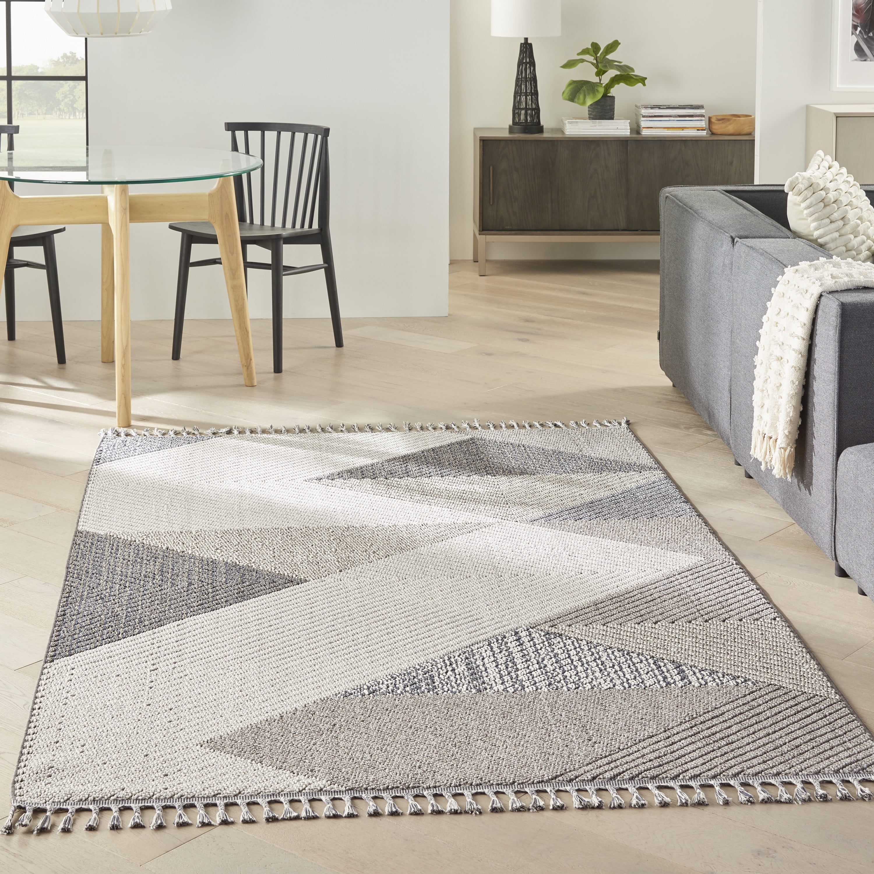 Nourison Elwood Geometric Area Rug, 5.25' x 7.92', Tassel Fringe Finish, Soft Hand Feel