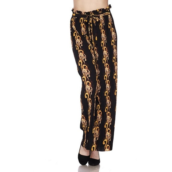 MixMatchy Women's Breathable Chiffon Fabric Loose Pleated Wide Leg Palazzo Pants with Ribbon Tie Elastic Band