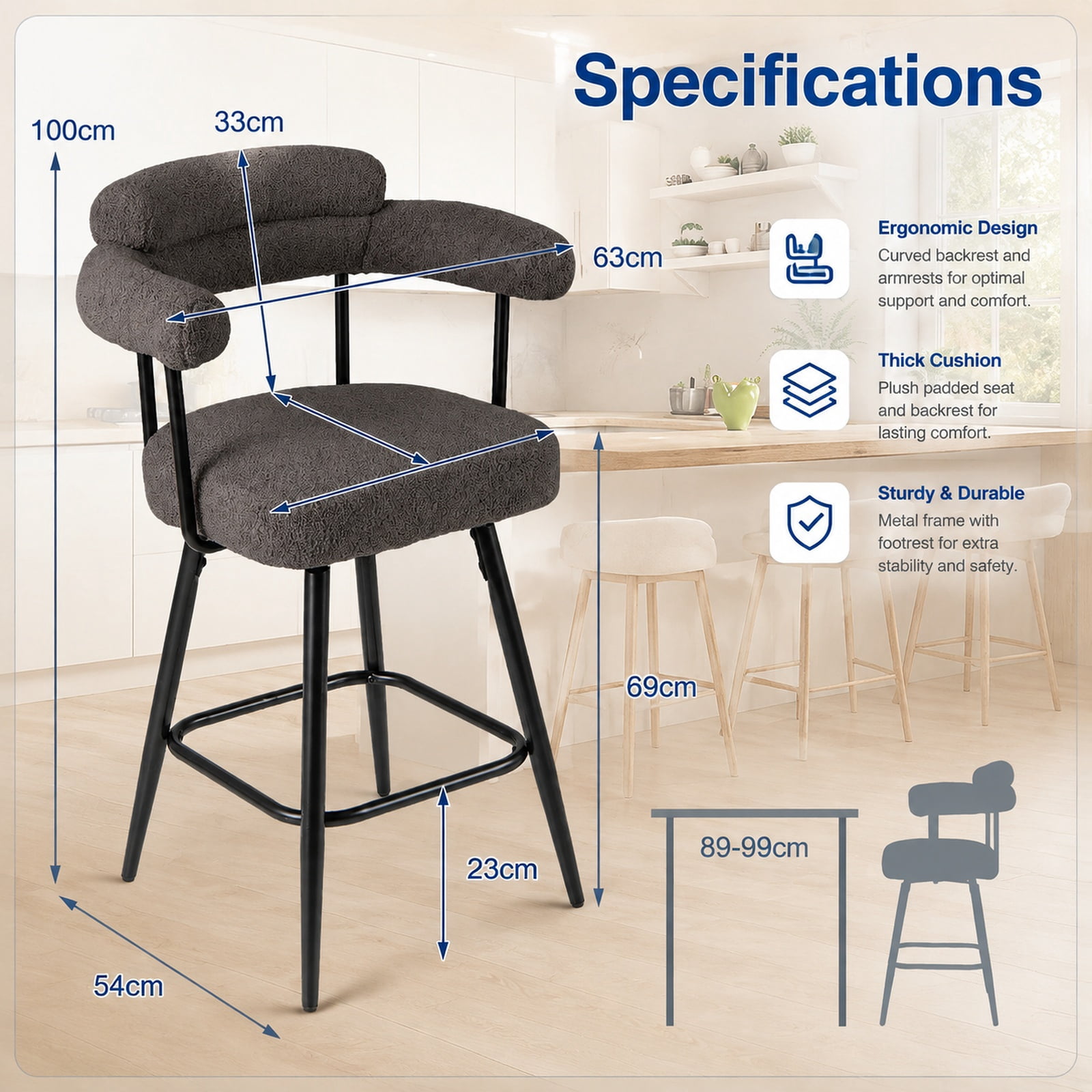 Furnibear Swivel Bar Stool Set of 2 Counter Height Chairs with Curved Back and Arms for Kitchen Island Counter Bar Pub Dining Home, Grey