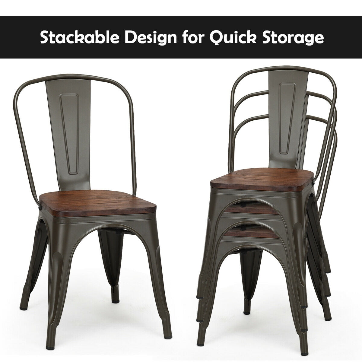 Costway Set of 4 Style Metal Dining Side Chair Wood Seat Stackable Bistro Cafe Brown