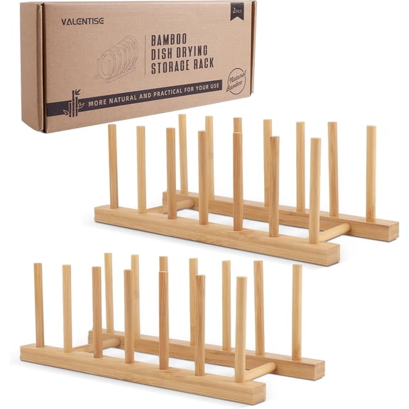 2 Pack Bamboo Dish Drying Rack, Natrual Wooden Plate Rack Holder, Kitchen Storage Organizer for Dish, Plate and Cutting Board