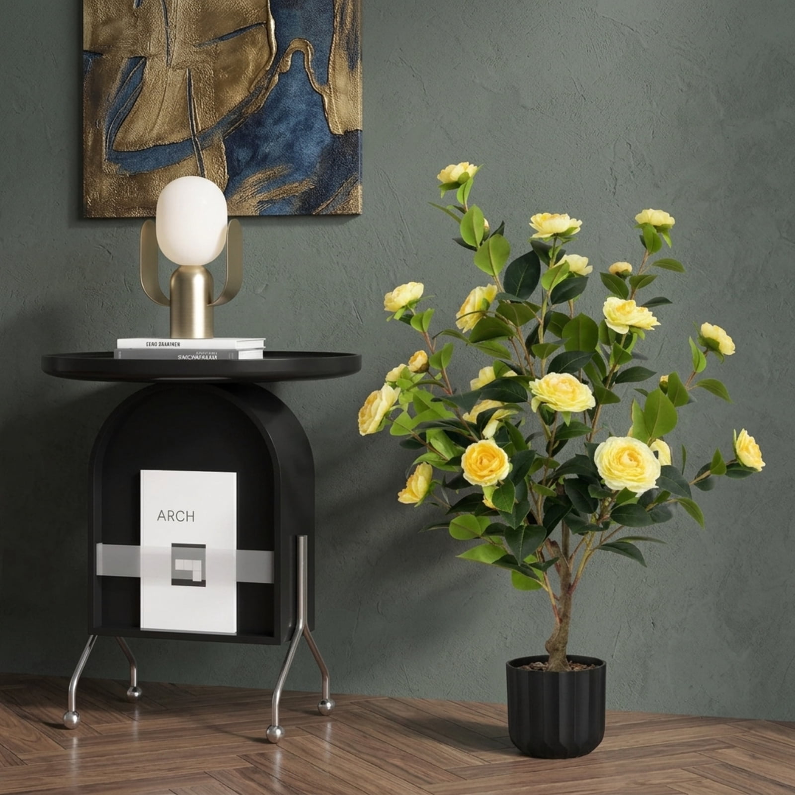 Vebreda Artificial Plant Decor, 38 Inch Artificial Camellia Tree Faux Flower Plant in Cement Pot, Gorgeous and Vivid Appearance