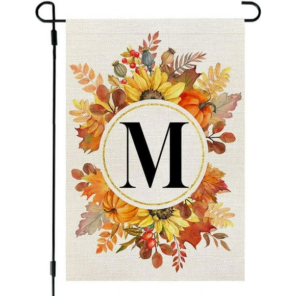 Fall Monogram Letter M Garden Flag Sunflower Pumpkin Leaves 12x18 Inch Double Sided Outside Small Burlap Family Last Name Initial Yard Decoration CF992-12