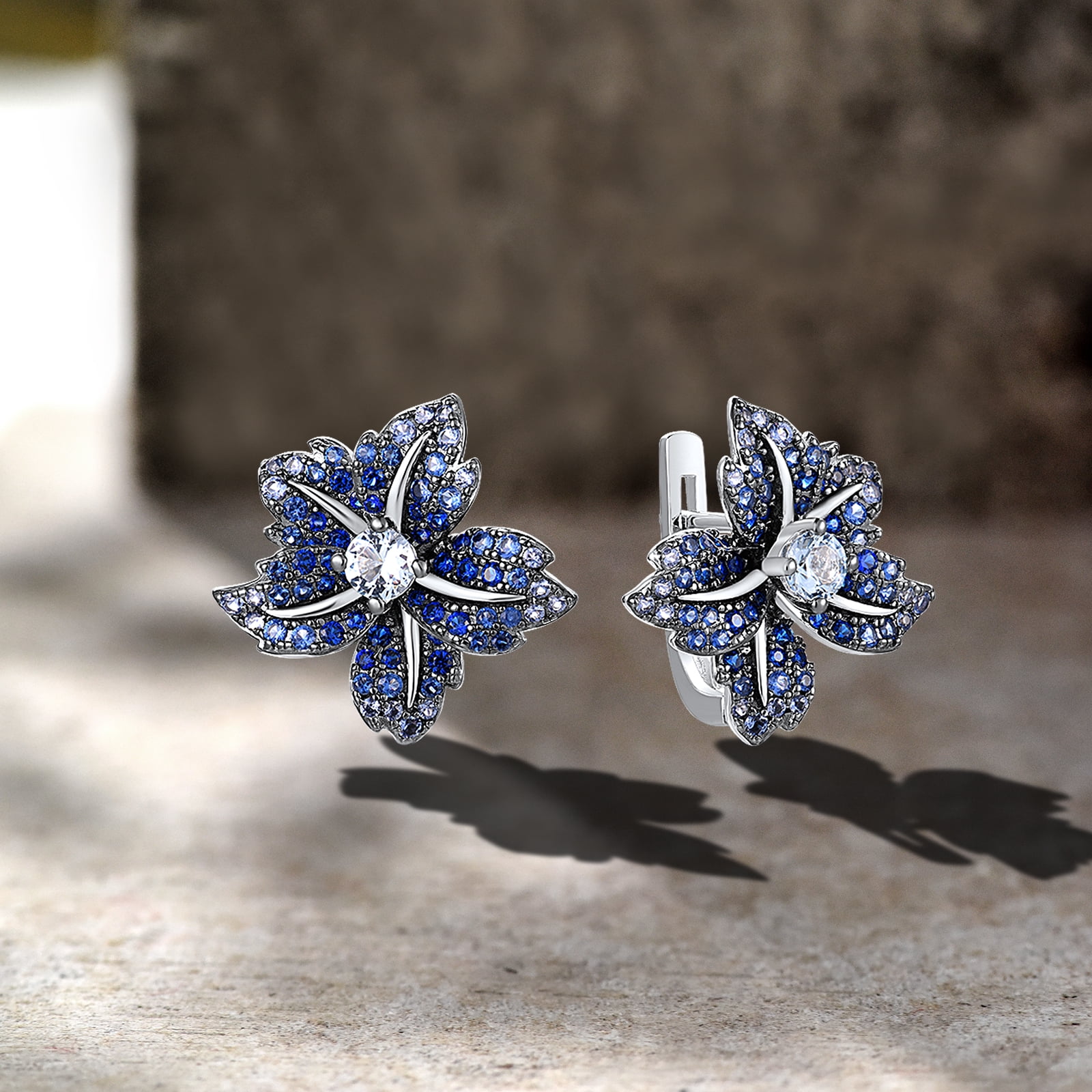 Santuzza 925 Sterling Silver Lily Earrings Blue Spinel Nano Cubic Zirconia Gemstone Flower Dangle Earrings for Women