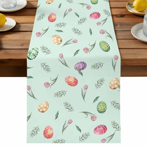 Easter Table Runner, Colorful Easter Eggs Tulips Leaves Teal Green Pastoral Washable Kitchen Table Runners Dress Scarves for Dining Table Decorations Party/Restaurant/Indoor Outdoor Use, 13x36in