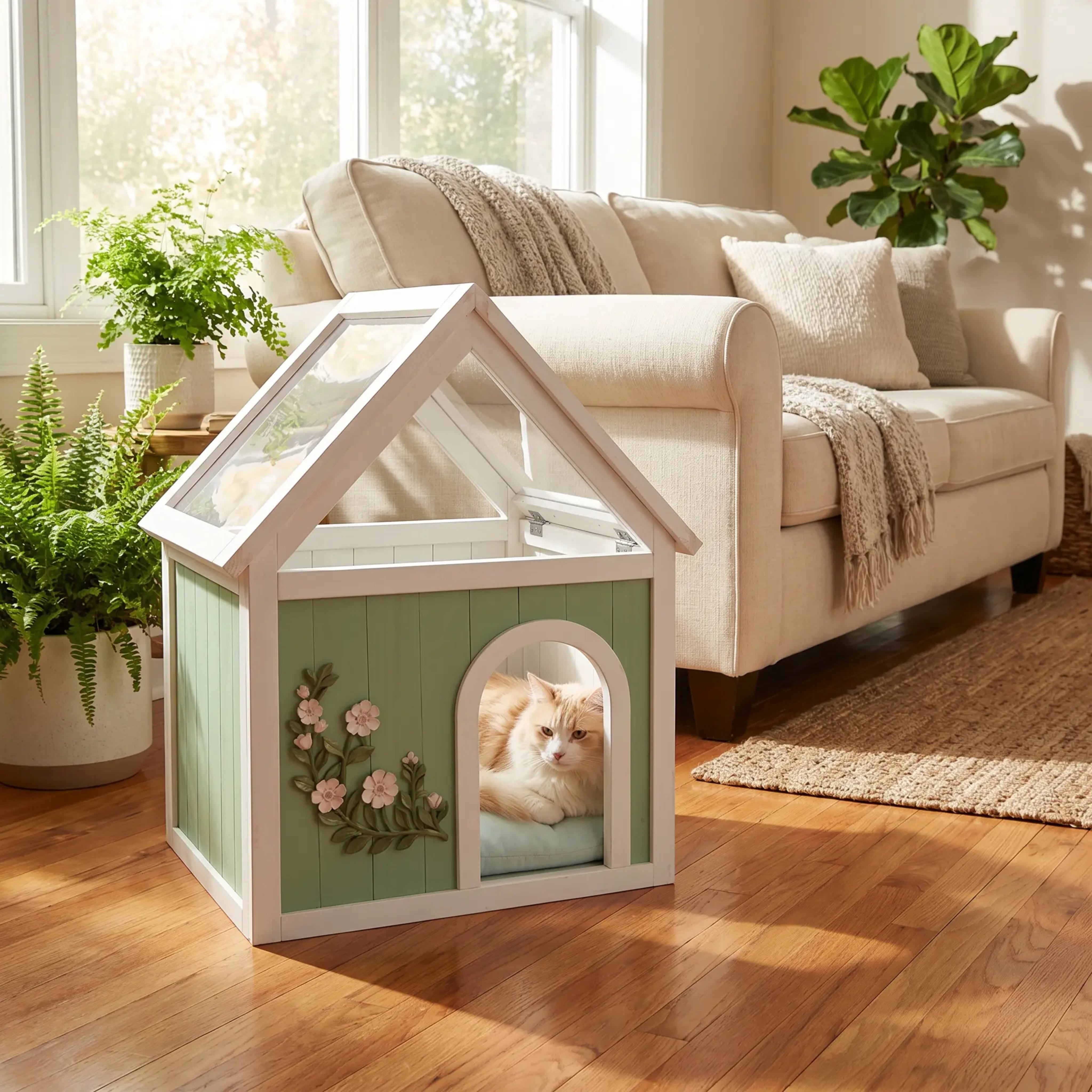 EcoLux FSC-Certified Solid Cedar Indoor Pet House – Acrylic Gabled Roof, Floral Carved Cat Furniture, Luxury Dog House Indoor for Small Dogs & Cats