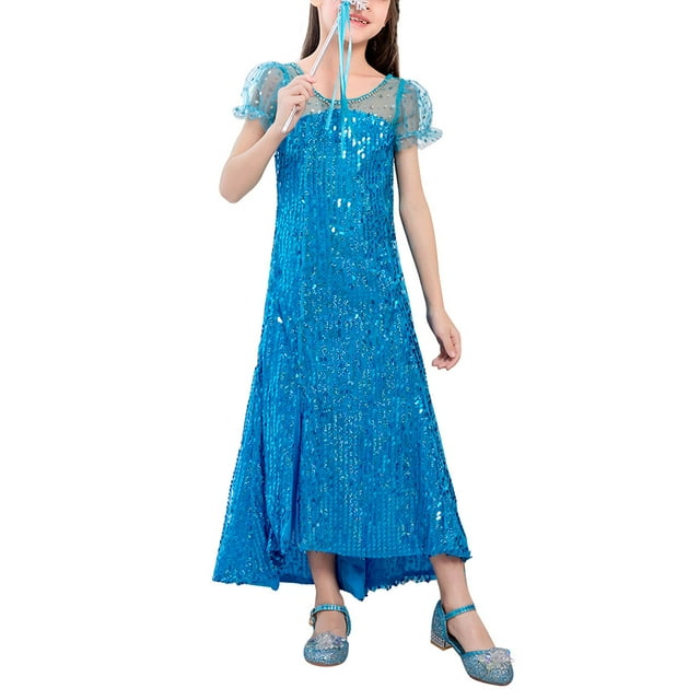 HAWEE Costume de Princesse pour Filles Robe à Paillettes de Neige Costumes avec Longue Cape Brillante (Manche Courte)