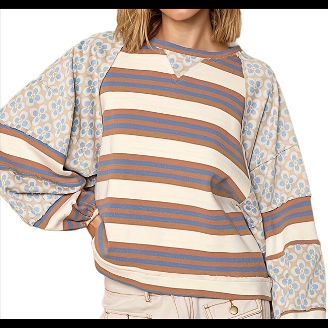 Sudadera con Cuello Redondo y Estampado Floral A Rayas con Bloques de Color para Mujer, Estilo Y2K Marrón S