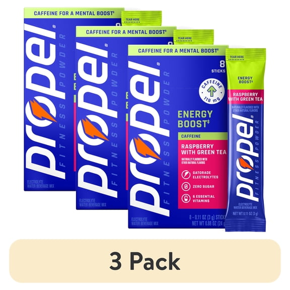 (3 pack) Propel Energy Boost Zero Sugar Raspberry Green Tea, On the Go Packs, Electrolyte Powder Drink Mix, 0.11 oz, 8 Count packets