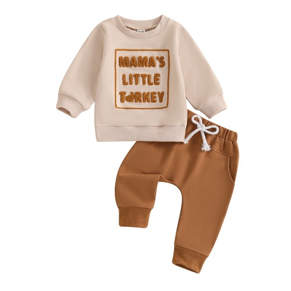 Toddler Baby Boy Girl Thanksgiving Outfits 0 6 12 18 24 Months 2T 3T Long Sleeve Crew Neck Letter Embroidery Sweatshirt with Solid Pants 2Pcs Clothing Set